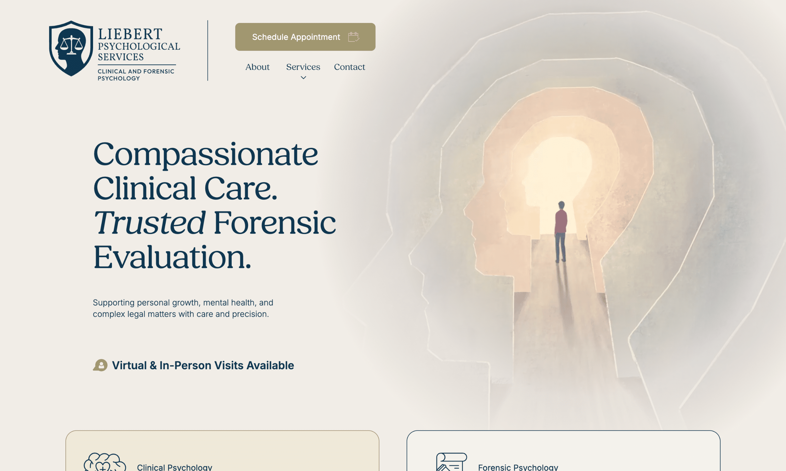 Screenshot of Liebert Psychological Services website featuring a logo, navigation menu, and a central graphic of a person within overlapping silhouettes of heads, with text about clinical care and forensic evaluation.
