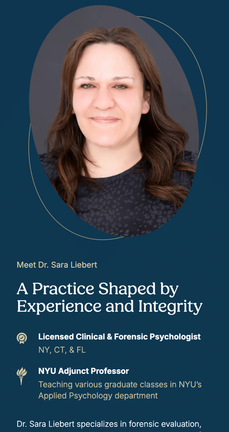Dr. Sara Liebert smiles in a professional headshot. Text highlights her roles as a licensed psychologist and NYU adjunct professor.