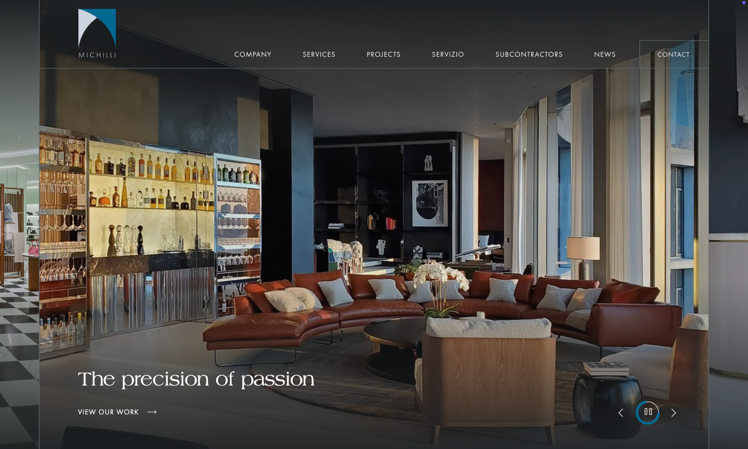 Michilli desktop homepage hero featuring luxury interior and tagline “The precision of passion.”