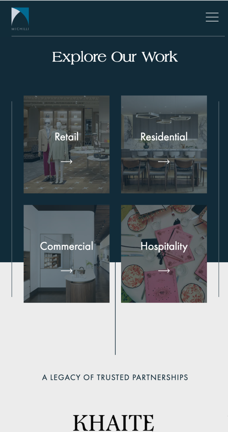 Michilli desktop and mobile website layouts showing Explore Our Work section with retail, residential, commercial, and hospitality categories.