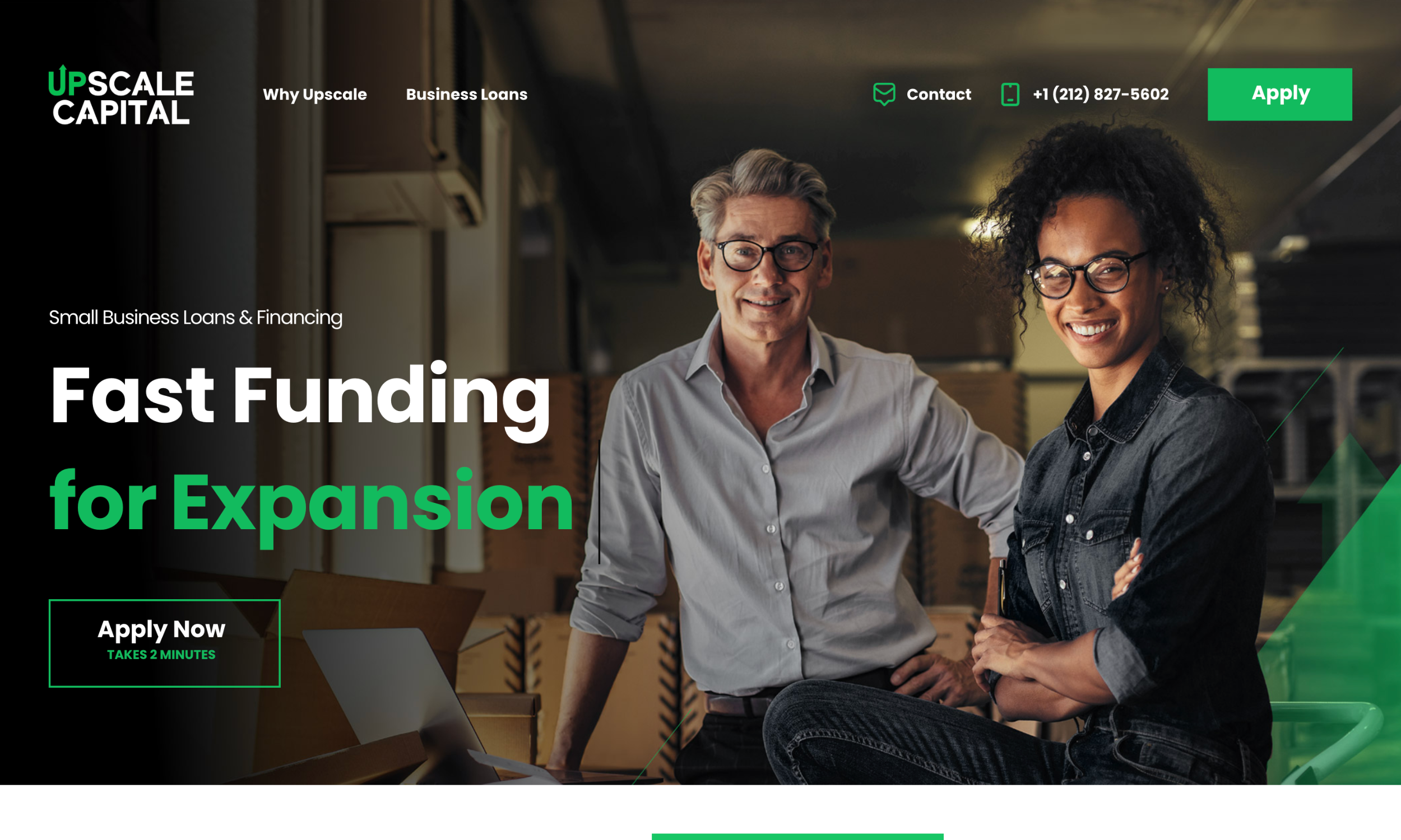 Upscale Capital desktop homepage hero featuring “Fast Funding for Expansion” with apply call to action.