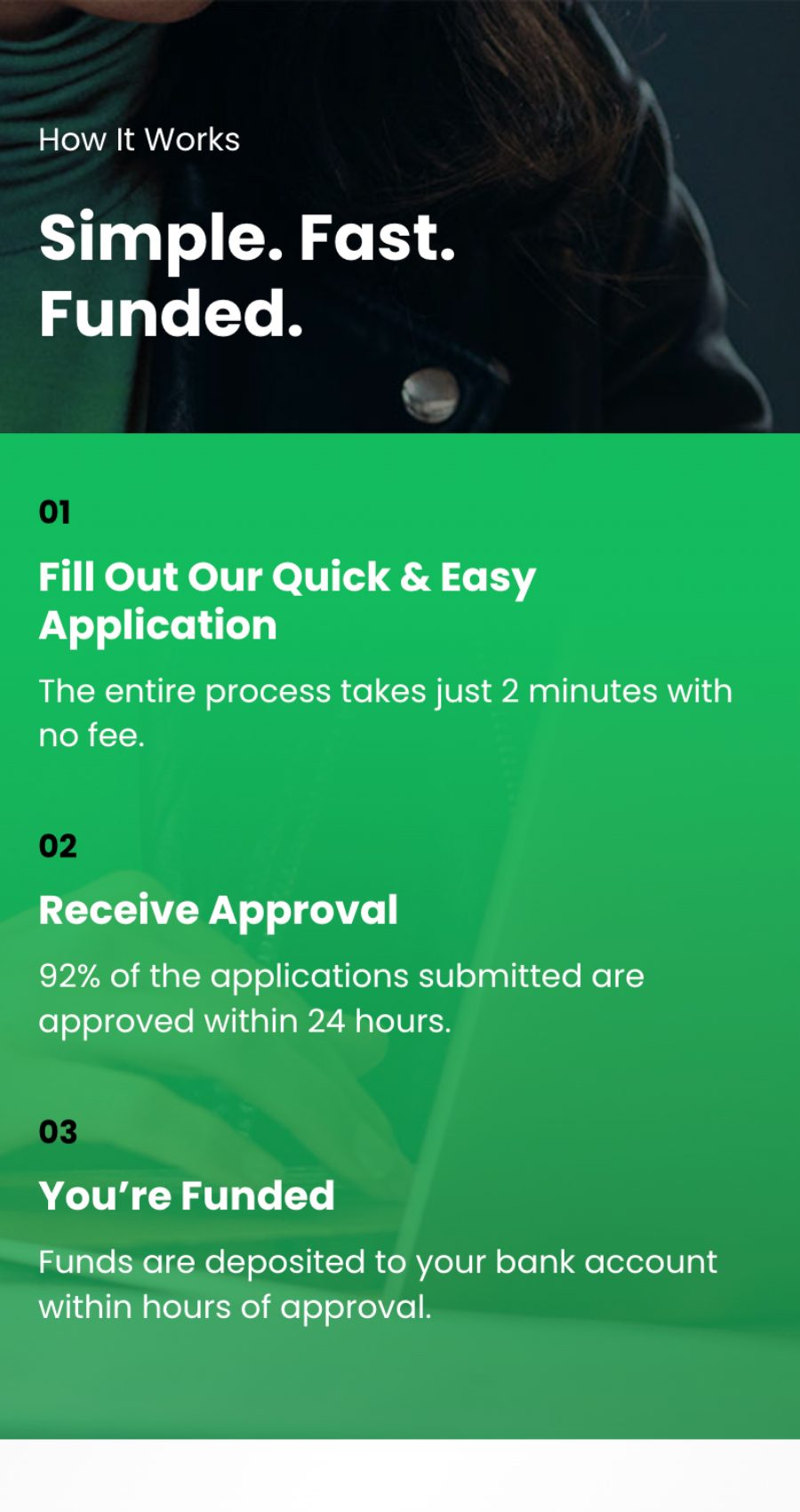 Upscale Capital mobile website section outlining three-step application process and approval details.