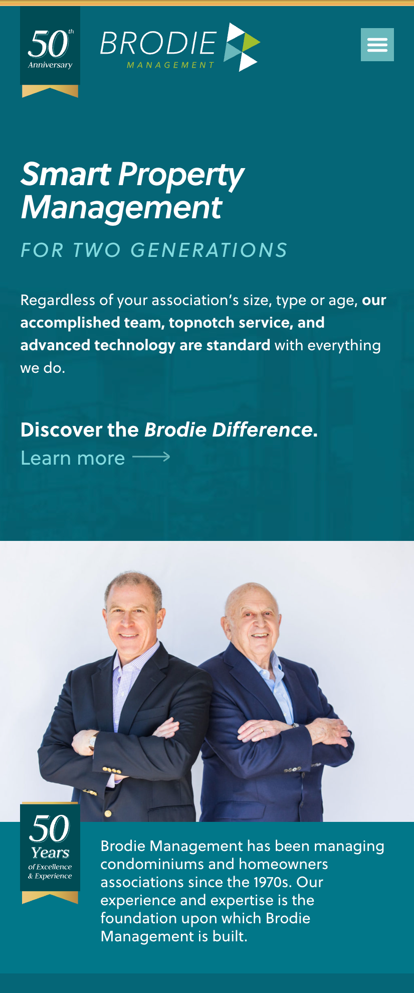 Two men in business attire stand with arms crossed beneath text promoting Brodie Management’s smart property management services and celebrating the company’s 50th anniversary.