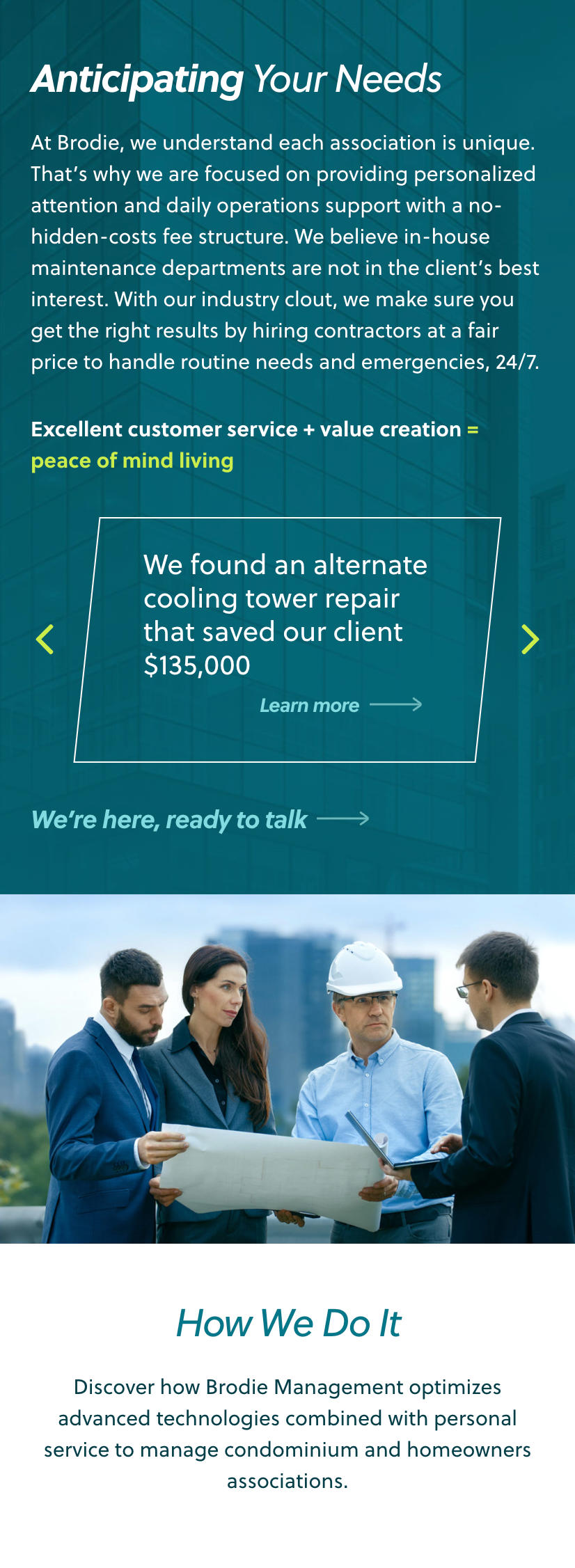 A group of three people in business attire talk outdoors, while an infographic describes Brodie Management's personalized services and highlights a $135,000 cost-saving case.