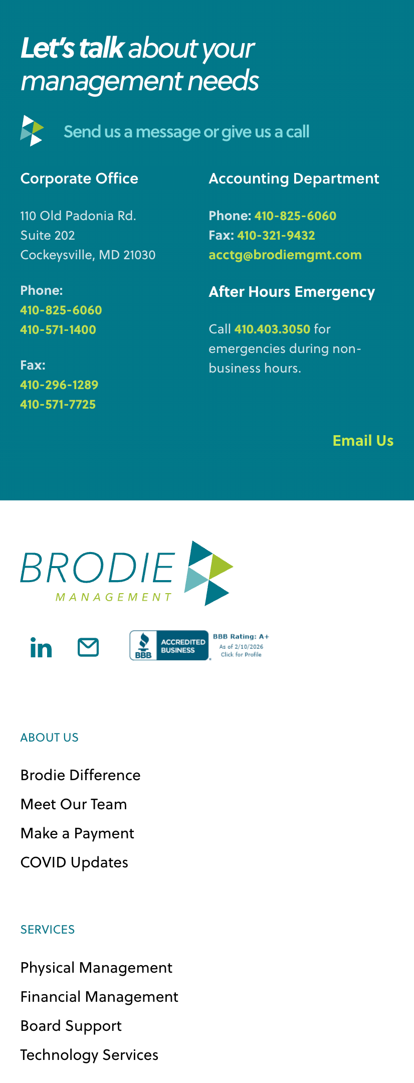 Contact information and services for Brodie Management, including phone numbers, departments, emergency contact, and office address displayed on a teal and white background.