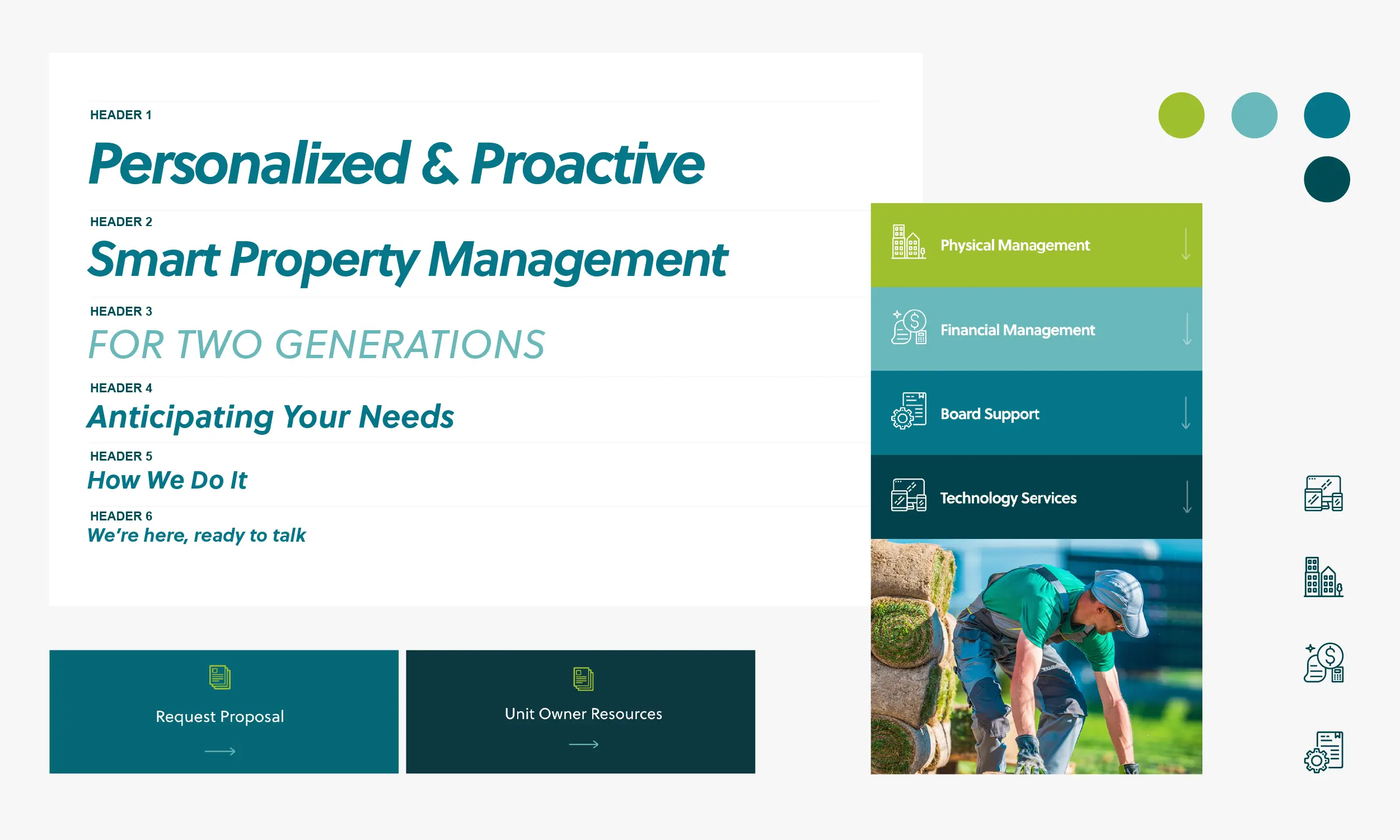 A property management website layout featuring headers about proactive services, icons for management categories, a photo of a landscaper, and buttons for proposals and owner resources.