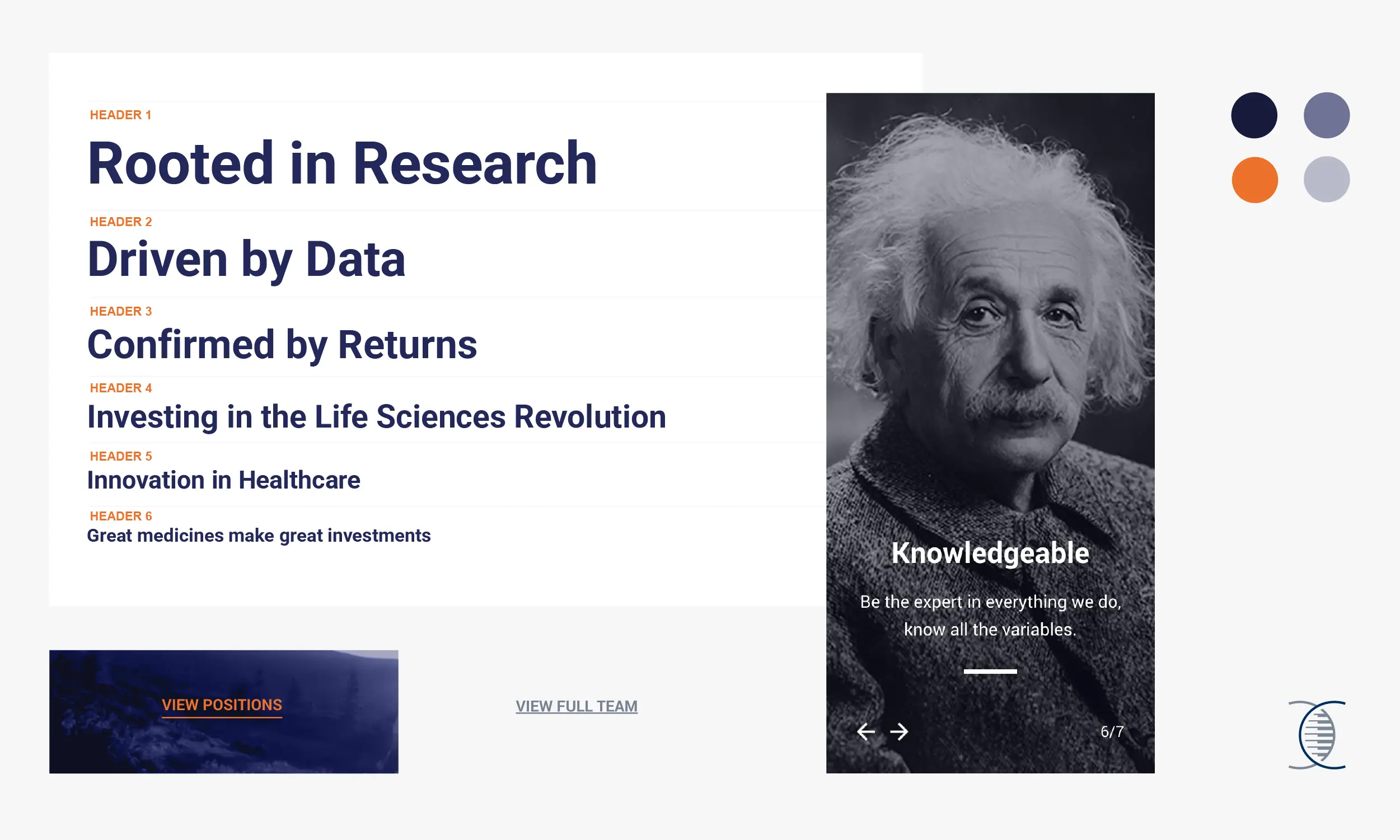 A presentation slide with research-themed headers on the left and a grayscale portrait of Albert Einstein with the word "Knowledgeable" on the right.