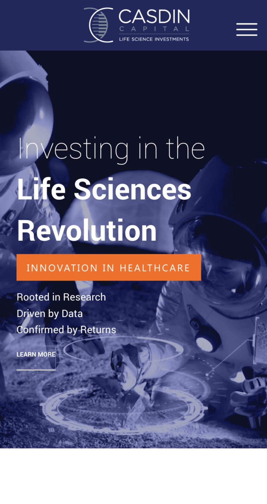 Casdin Capital homepage hero promoting life sciences investments with healthcare innovation messaging.