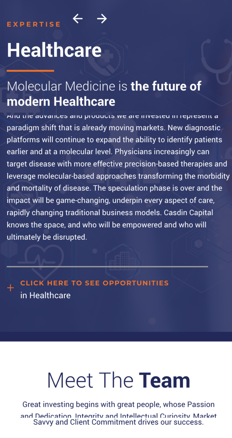 Healthcare expertise section describing molecular medicine and investment opportunities.