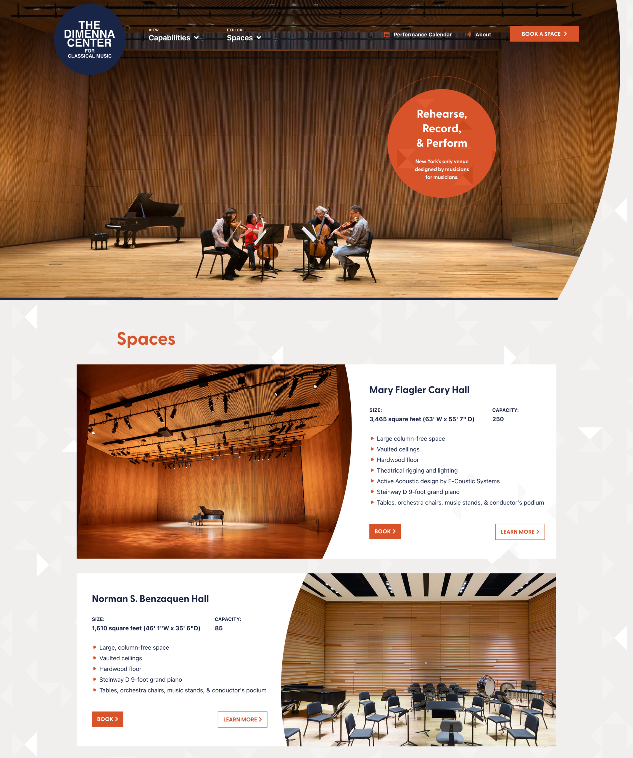 A website page shows musicians performing on stage, and details about two event spaces—Mary Flagler Cary Hall and Norman S. Benzaquen Hall—with seating capacities and booking options.