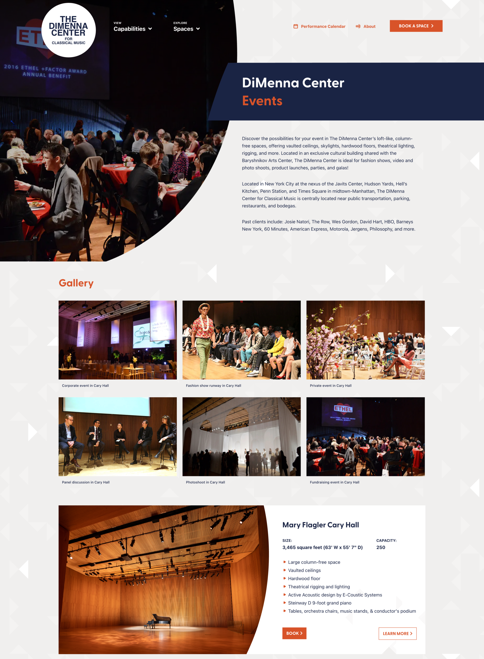 Screenshot of the DiMenna Center’s Events page, showing a gallery of event photos, venue details for Cary Hall, and navigation buttons for booking and learning more.