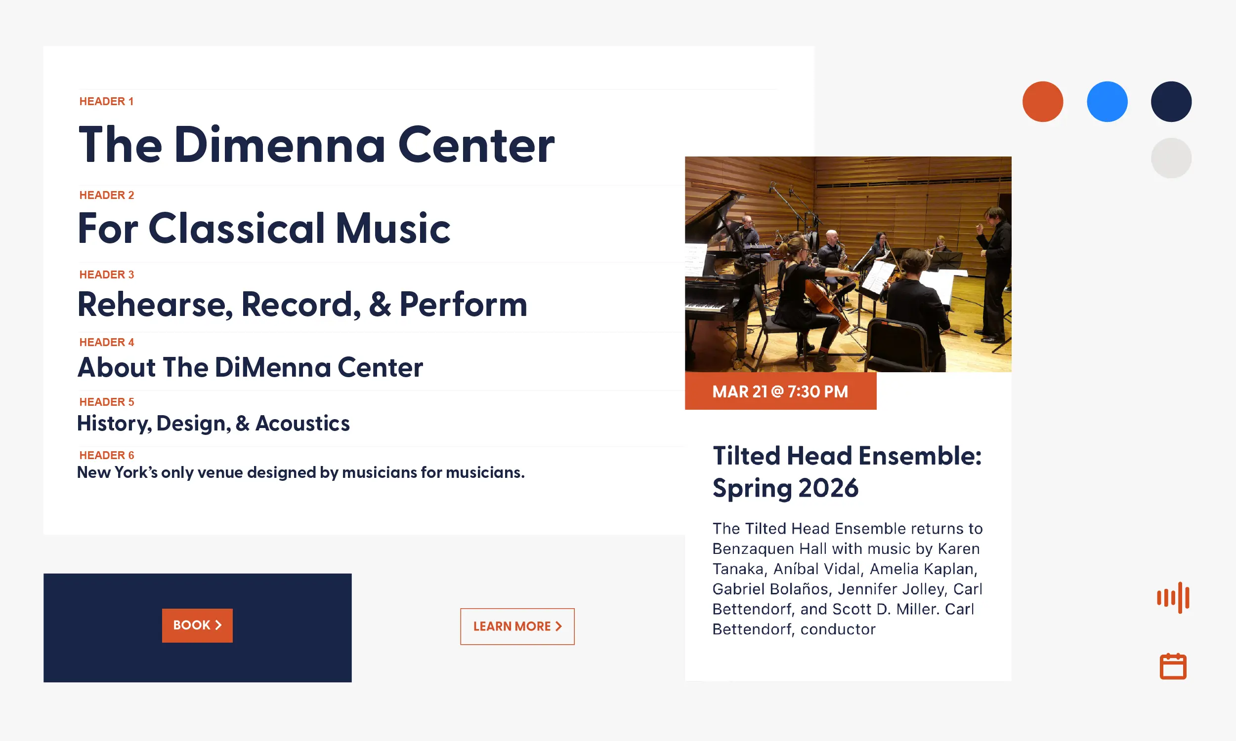Screenshot of The DiMenna Center for Classical Music website featuring event details, descriptions, and navigation buttons. A photo shows musicians rehearsing in a wood-paneled studio.
