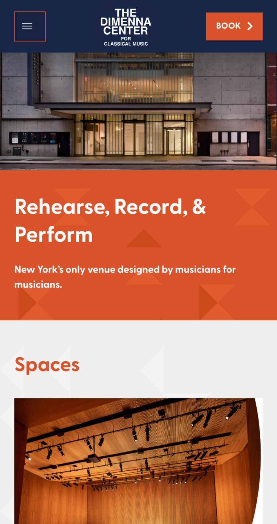 The Dimenna Center website shows its exterior, a headline reading "Rehearse, Record, & Perform," and a section labeled "Spaces" with an interior image of a performance hall.