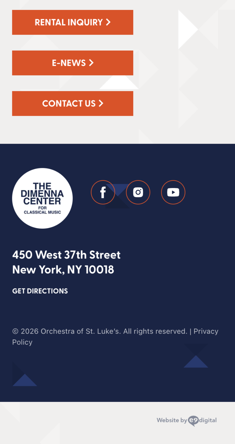 Website footer showing The DiMenna Center’s logo, address in New York, social media icons, and buttons for rental inquiry, e-news, and contact information.