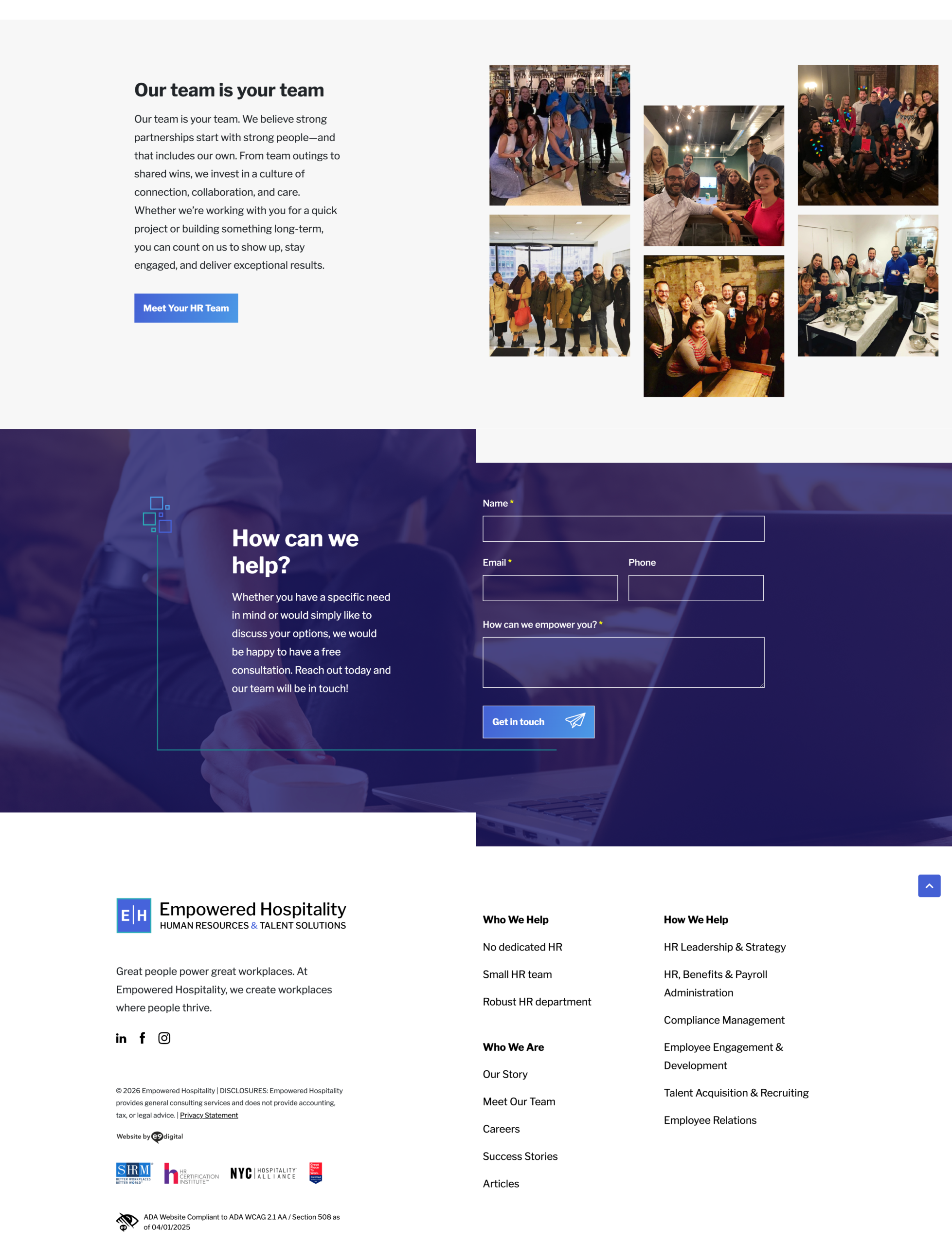 A business website page shows team photos, a contact form, and company information for Empowered Hospitality, an HR and hospitality consulting firm.