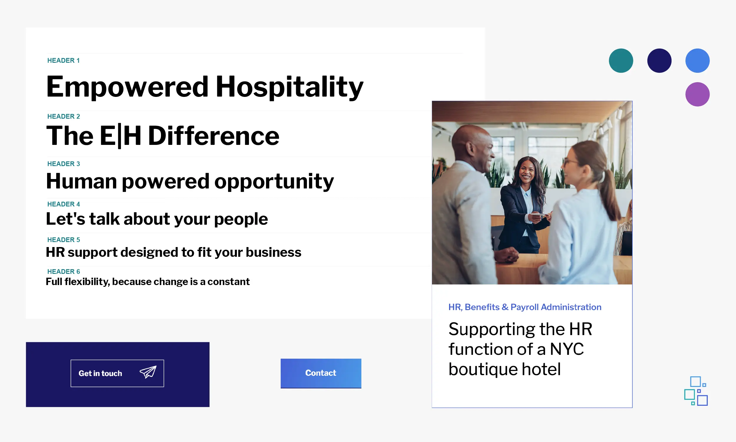 A business presentation slide displays HR services for hotels, featuring a photo of three professionals in discussion and large text highlighting "Empowered Hospitality" and “The E|H Difference.”.