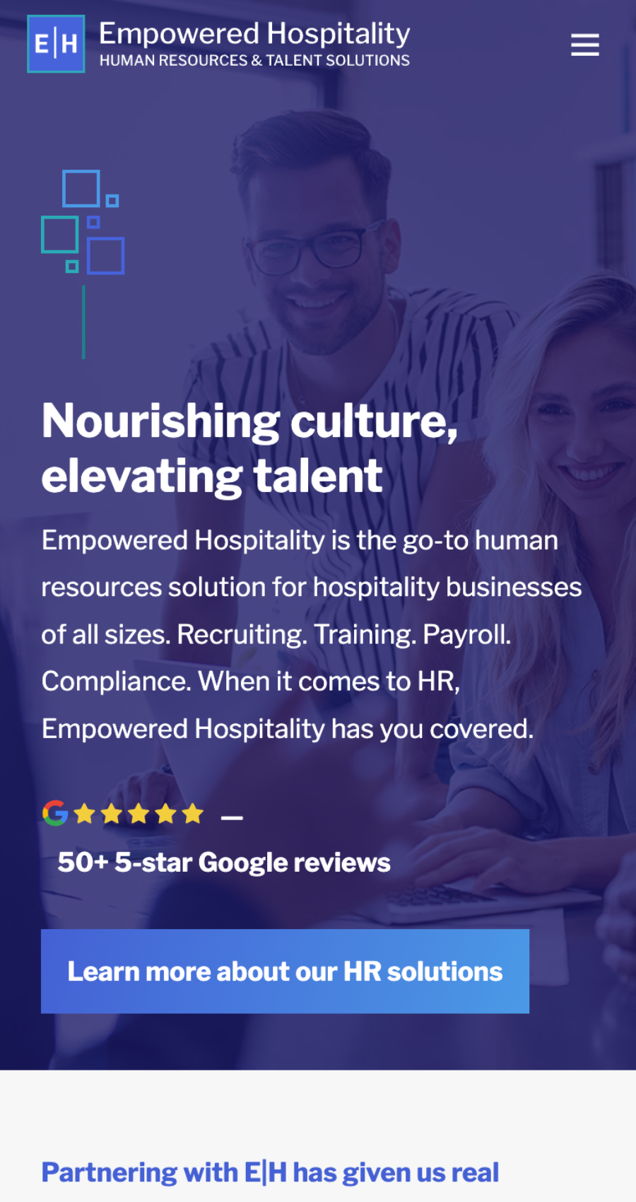 A man and woman sit at a table with a laptop, smiling, in a professional setting. Empowered Hospitality branding and service information appear on the screen.