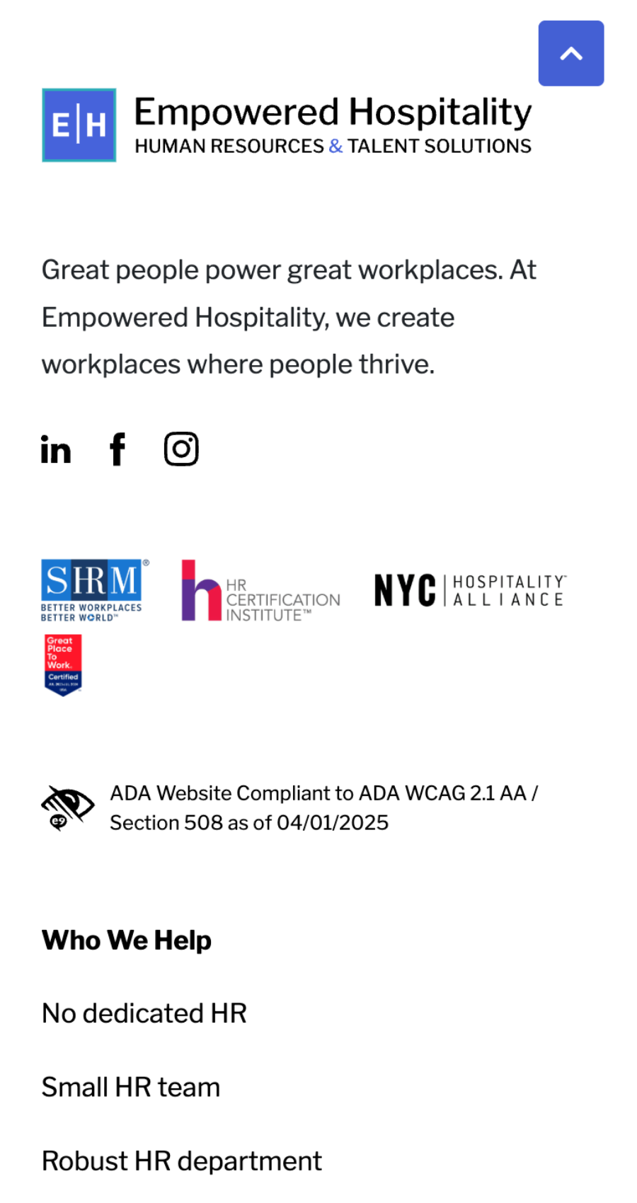 Empowered Hospitality homepage section showing logos, social media icons, ADA compliance note, and a list of client types including no HR, small HR team, and robust HR department.