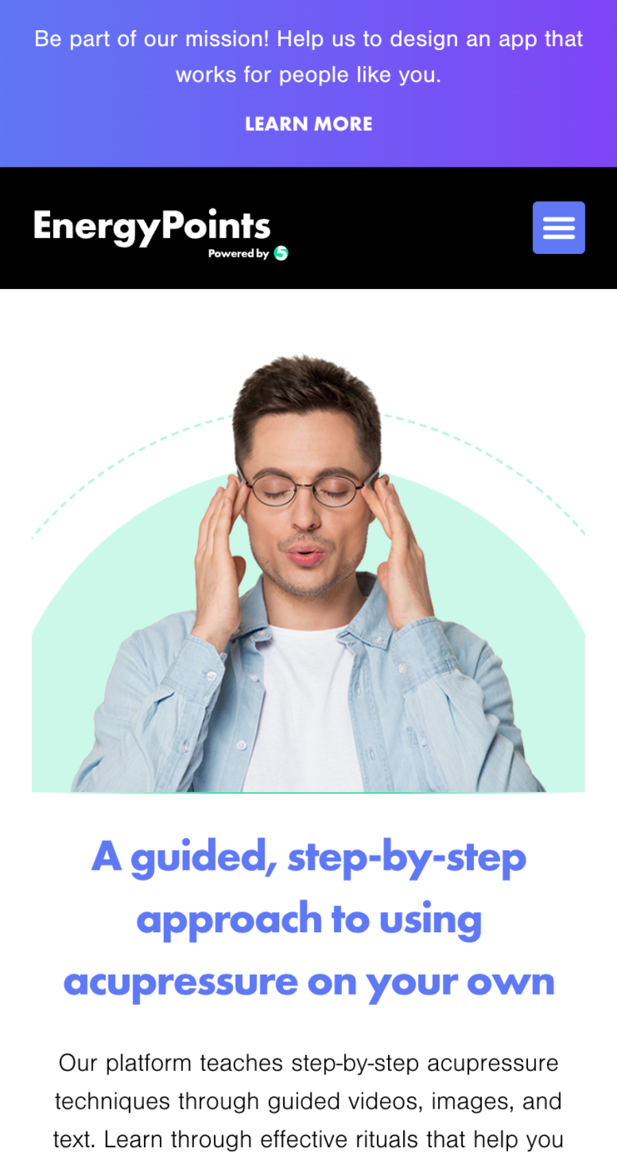 A young man with glasses touches his temples with his fingers. Text promotes EnergyPoints, an app guiding users in self-acupressure techniques through videos, images, and text.