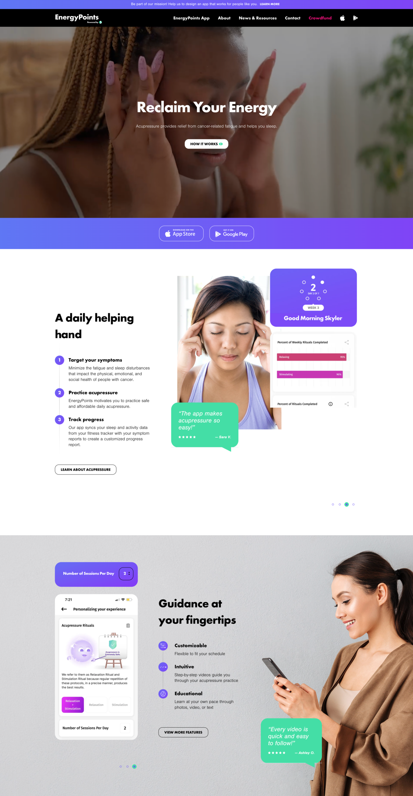 A mobile health app website with images of women using devices, app feature descriptions, and buttons for downloading on the App Store and Google Play.