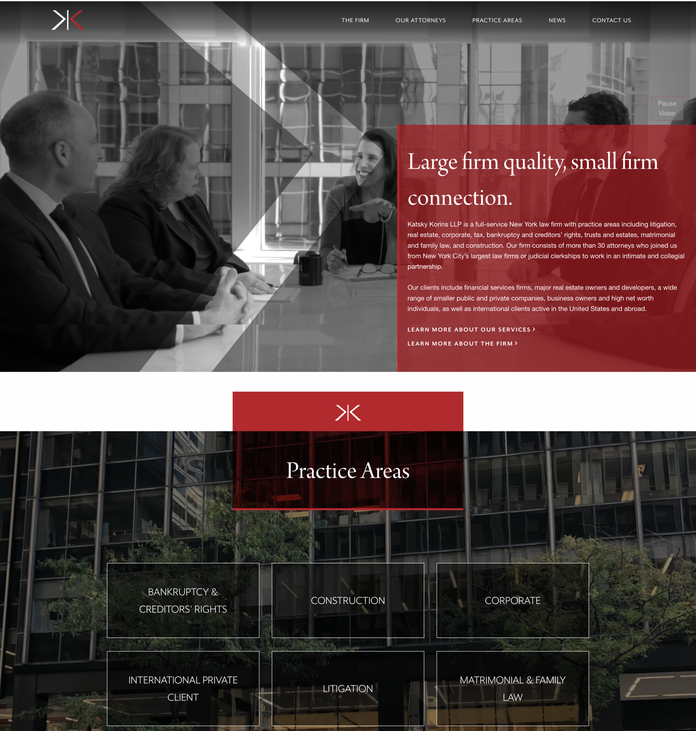 Katsky Korins desktop homepage hero featuring firm tagline and office interior background.
