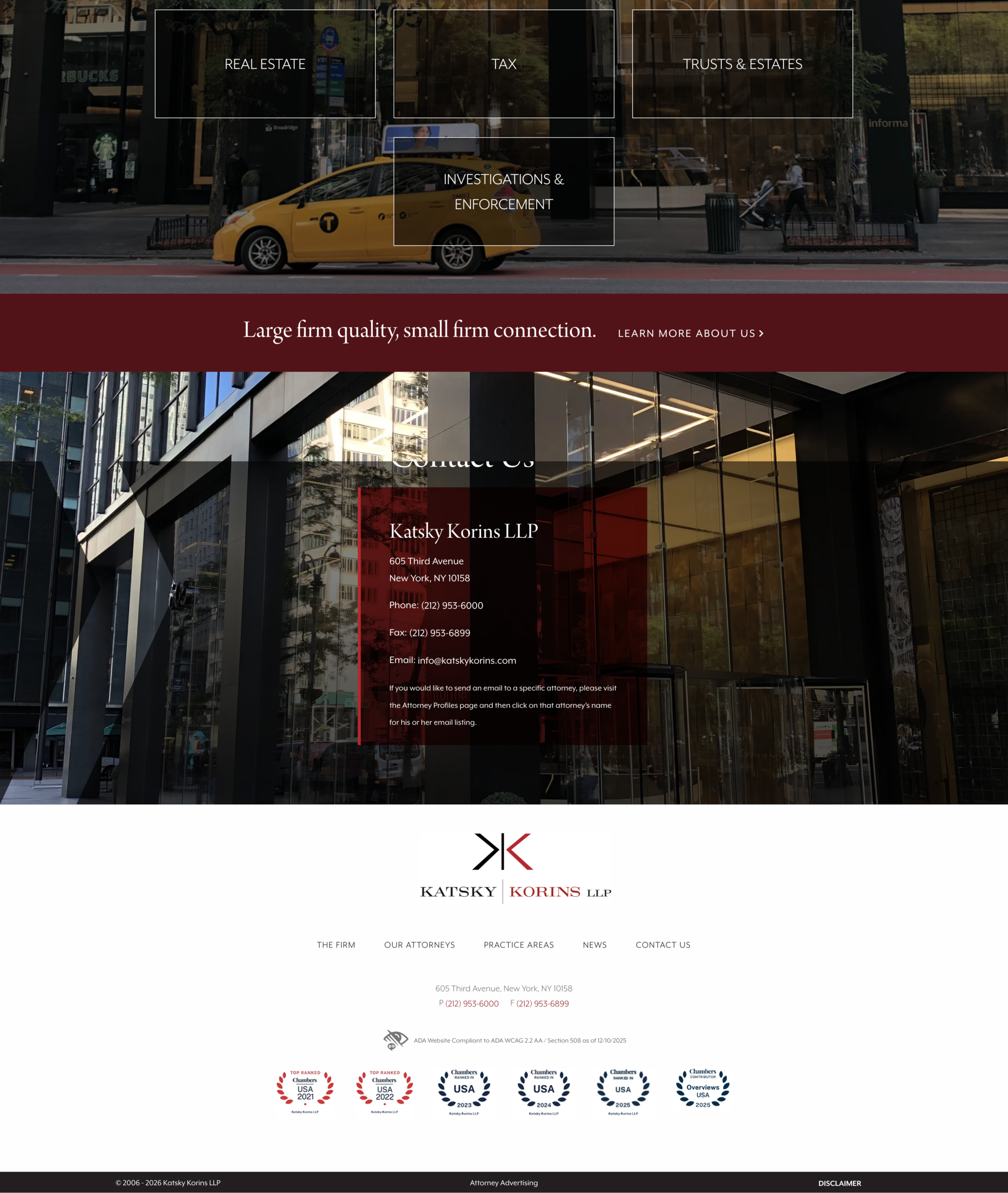 Street view of an office building with a yellow taxi, displaying the homepage of Katsky Korins LLP law firm including contact info, navigation menu, and firm accolades.
