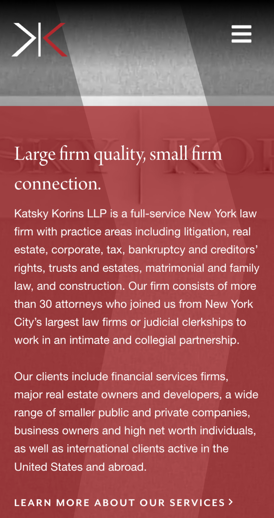 A mobile webpage for Katsky Korins LLP describes the firm as a full-service New York law firm with expertise in various legal areas and highlights its diverse client base.