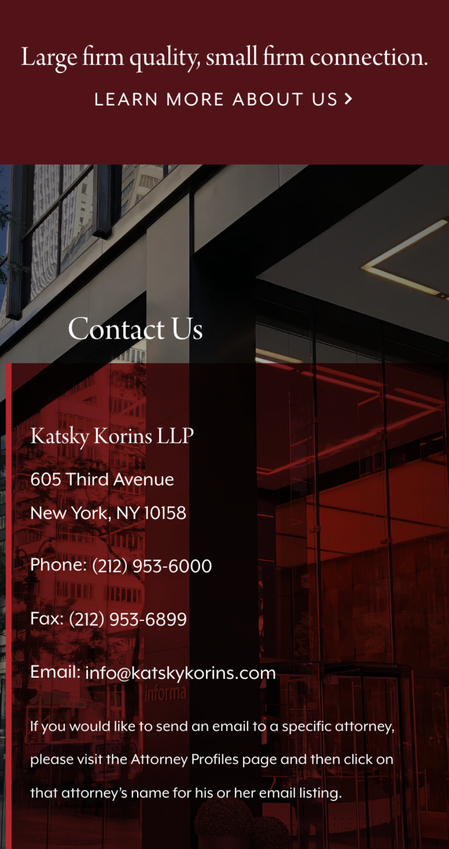 Contact information for Katsky Korins LLP, including address, phone numbers, email, and instructions for reaching specific attorneys, displayed over an office building background.
