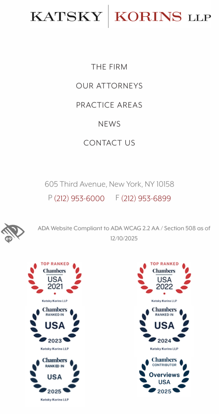 Katsky Korins LLP webpage showing firm name, navigation links, contact info, ADA compliance notice, and awards for top Chambers USA 2021–2025 and Chambers Overviews USA 2025.