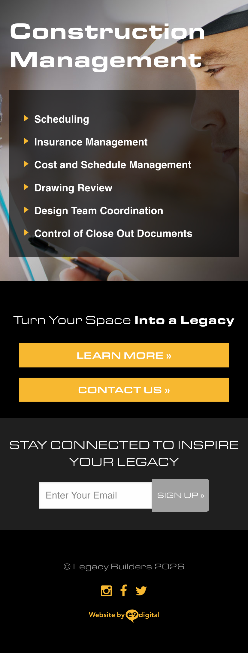 A construction management services webpage listing scheduling, insurance, cost control, drawing review, team coordination, and document close-out, with contact and newsletter signup options.