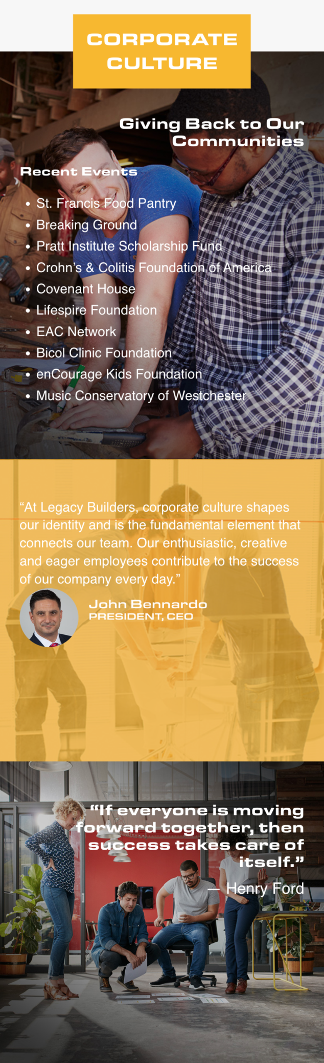 Corporate culture flyer listing community events, charity initiatives, a quote from John Bernard, and a teamwork quote by Henry Ford on a yellow and gray background.