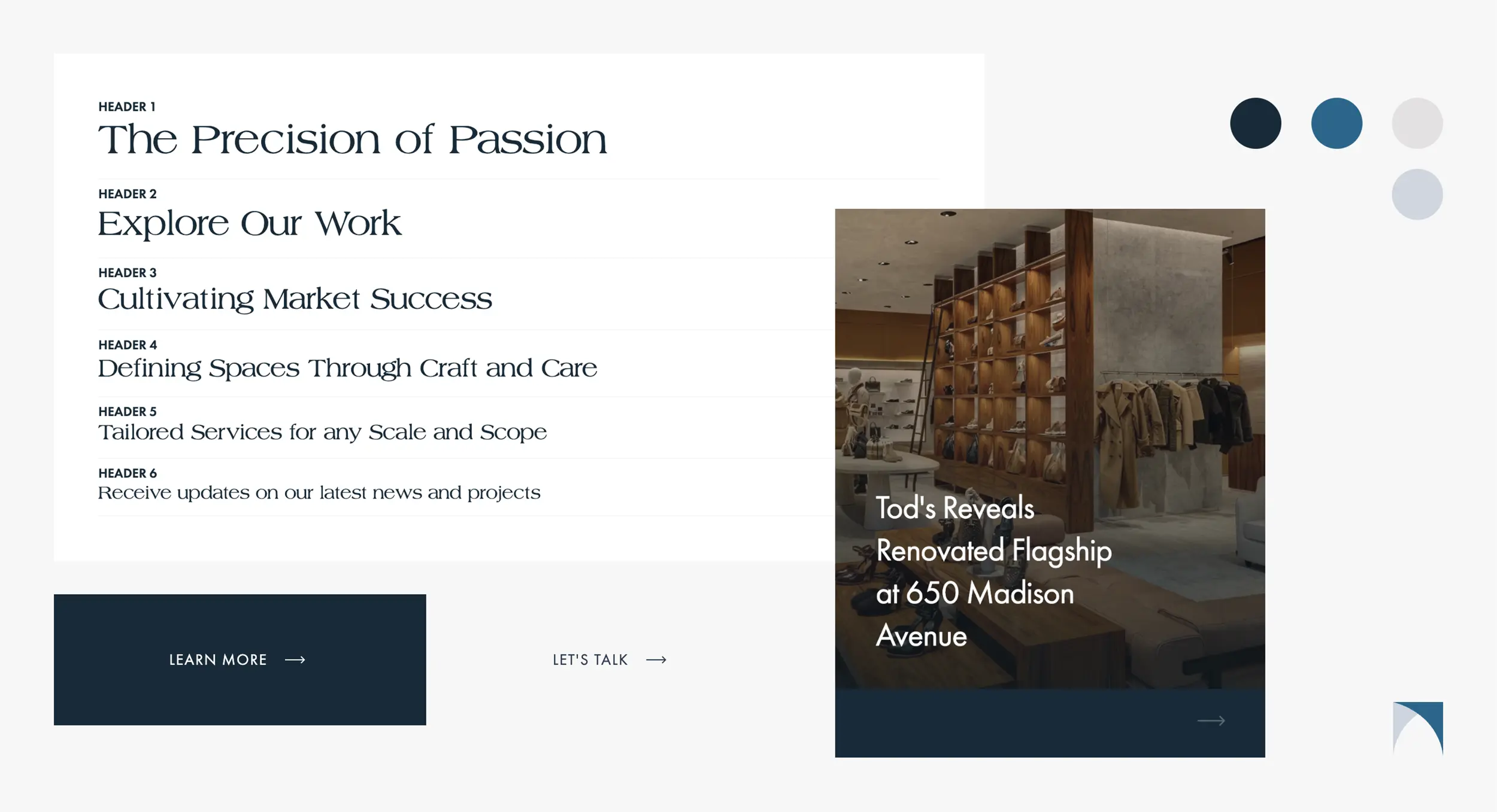 A website layout displays project headlines on the left and a photo of a modern retail store interior on the right, with text about a renovated flagship at 650 Madison Avenue.