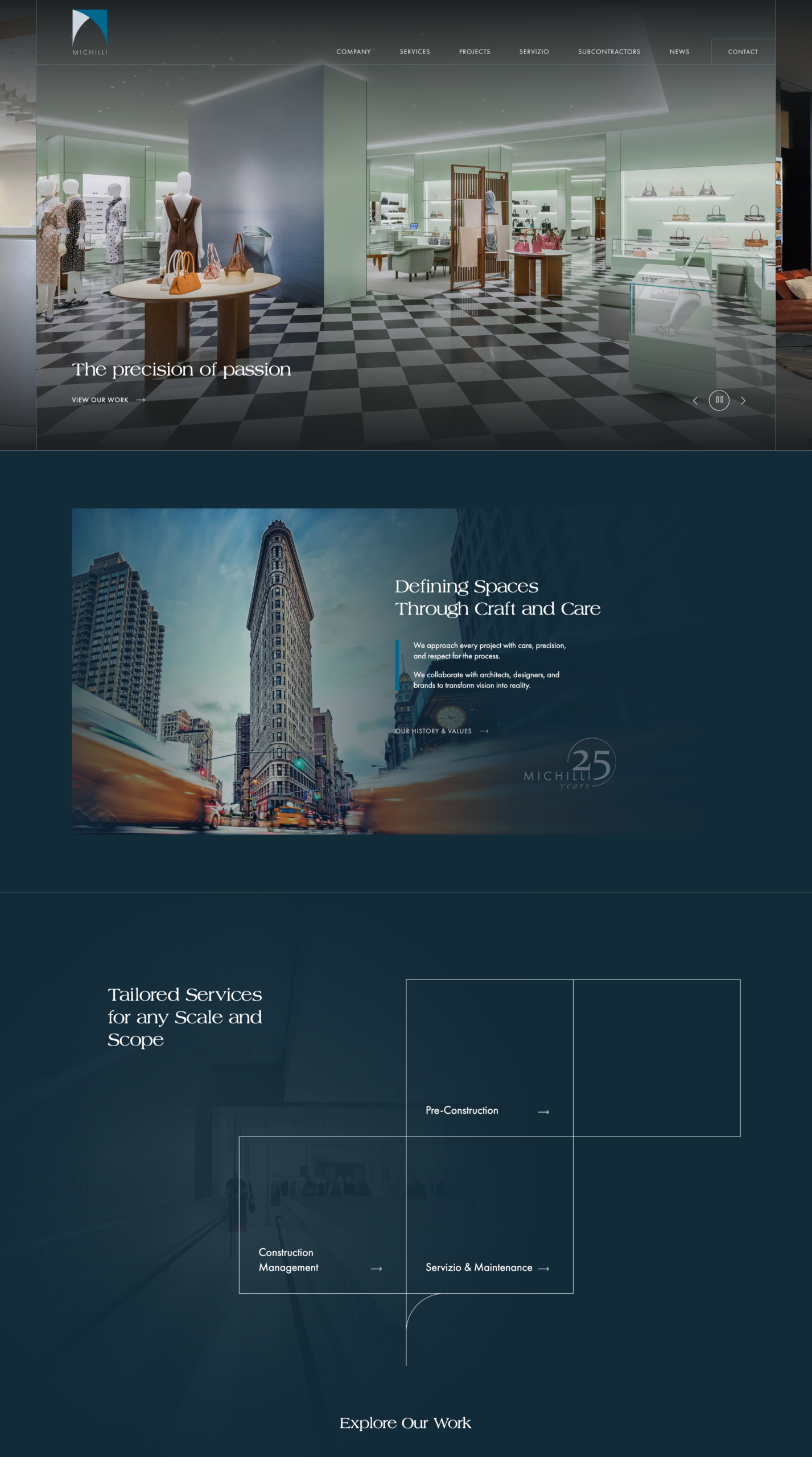 Michilli homepage hero section featuring luxury retail interior with headline and navigation.