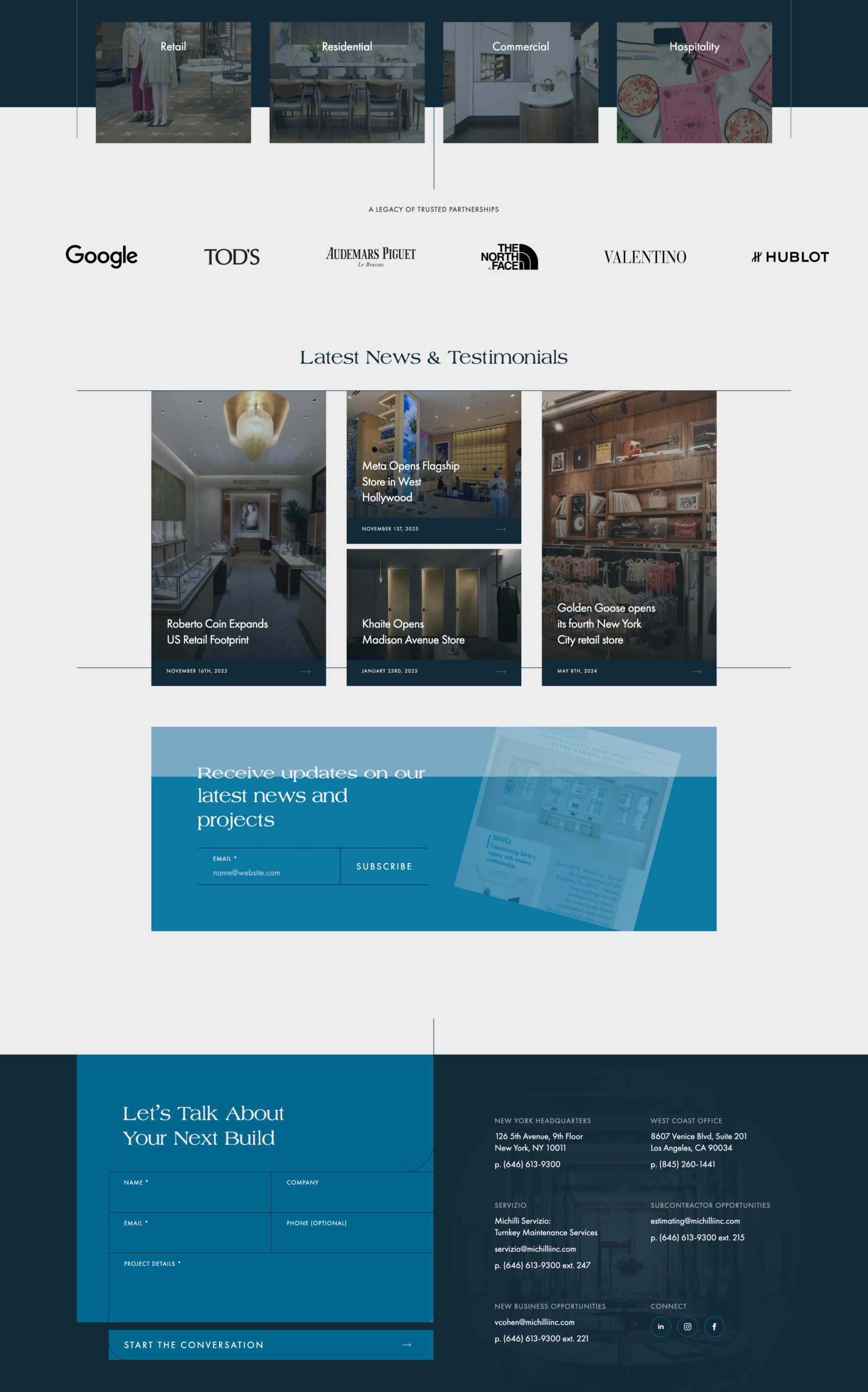 Website UI mockup for Michilli featuring services categories, partner logos, latest news cards, newsletter signup, and contact footer in an elegant, structured layout.