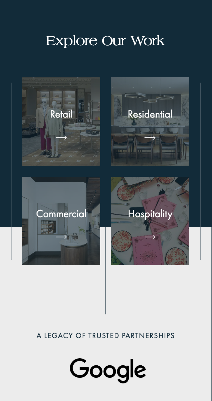 Services section showing retail, residential, commercial, and hospitality categories.