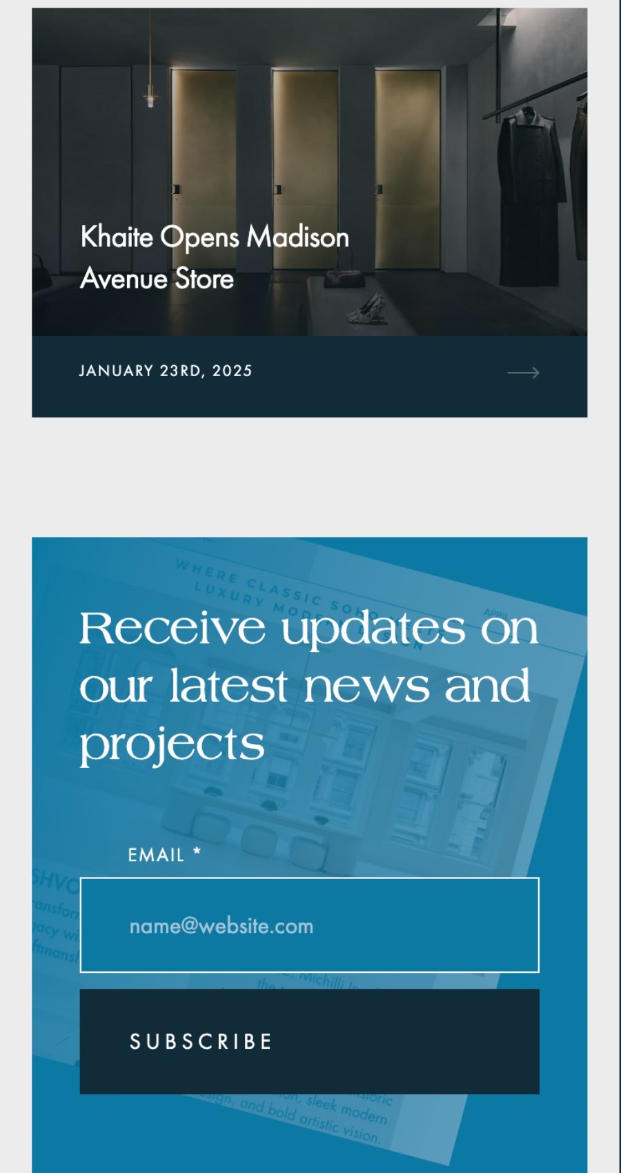 Newsletter signup section with email field and subscribe button.