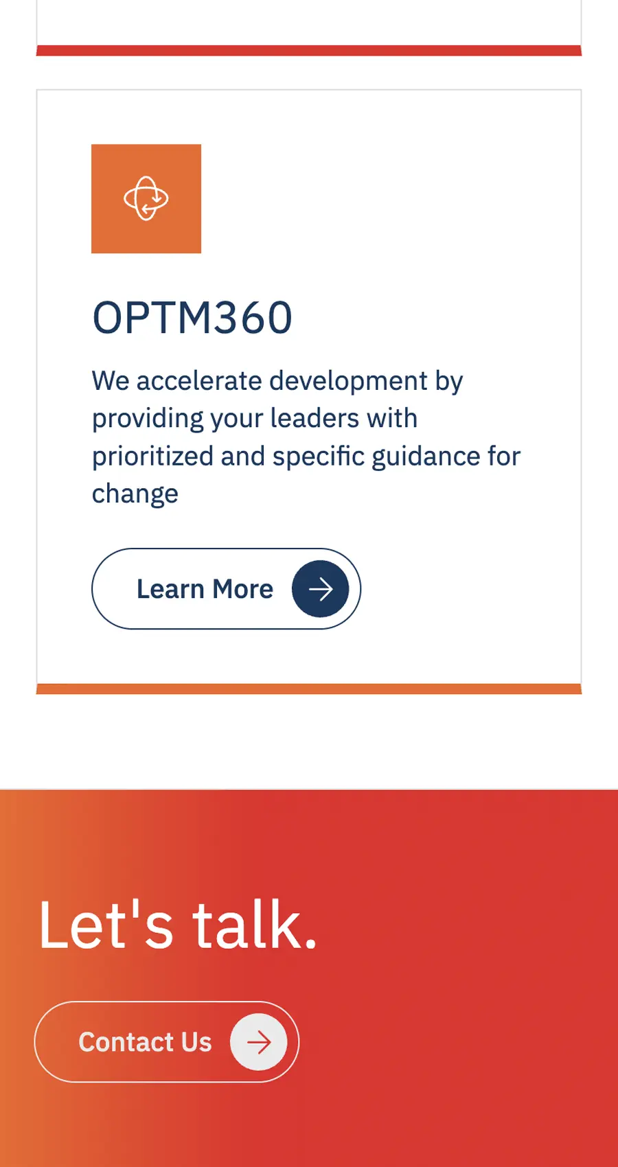 A webpage section promoting OPTM360, describing leadership development services, with “Learn More” and “Contact Us” buttons on an orange gradient background.