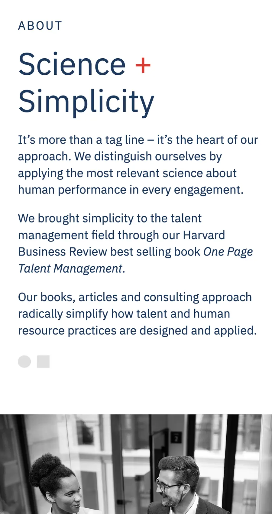 Informational poster about a business approach called "Science + Simplicity," highlighting their focus on applying relevant science to talent management and human resource practices.