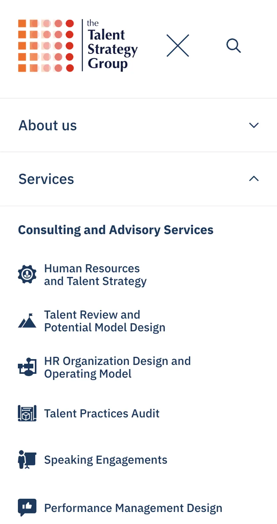 Mobile menu for The Talent Strategy Group showing consulting and advisory services, including HR, talent review, operating model design, audit, speaking, and performance management.