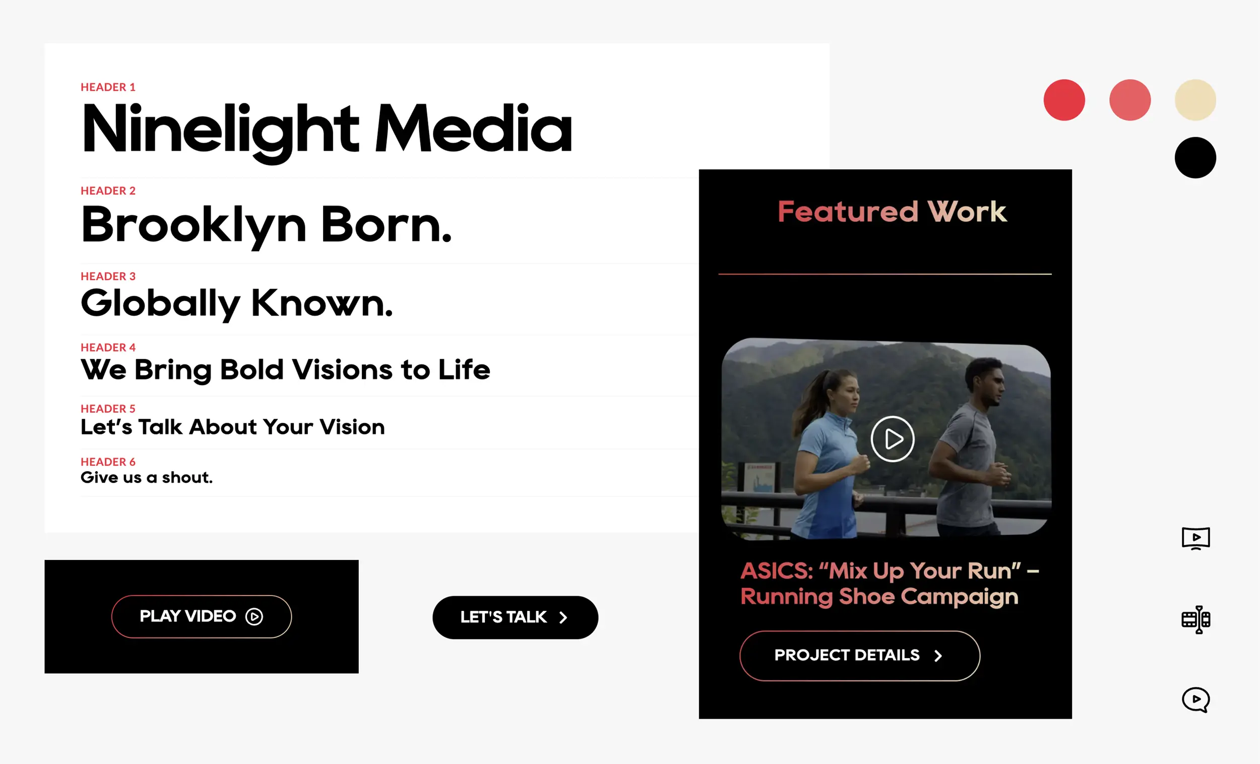 Screenshot of a creative agency website featuring the name "Ninelight Media," a project highlight for ASICS, and call-to-action buttons for playing a video and contacting the agency.