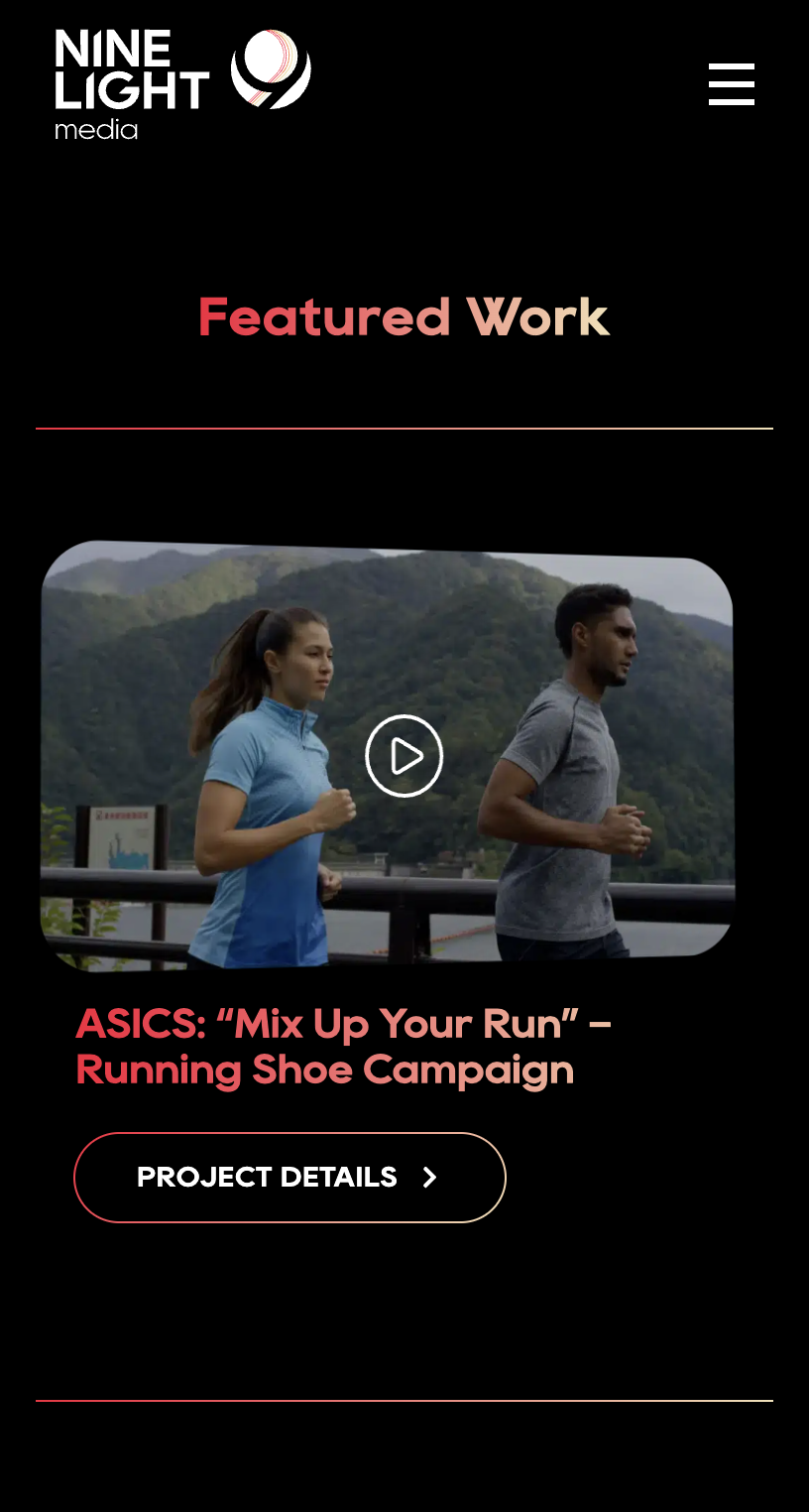 Screenshot of a webpage from Nine Light Media featuring a video of two people jogging; text below highlights an ASICS running shoe campaign titled “Mix Up Your Run.”.