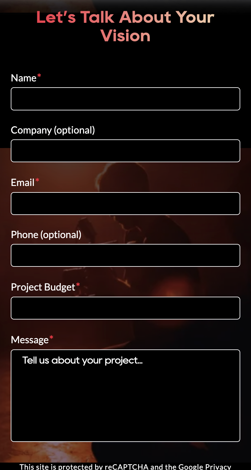 Contact form with fields for name, company, email, phone, project budget, and message, titled "Let’s Talk About Your Vision.