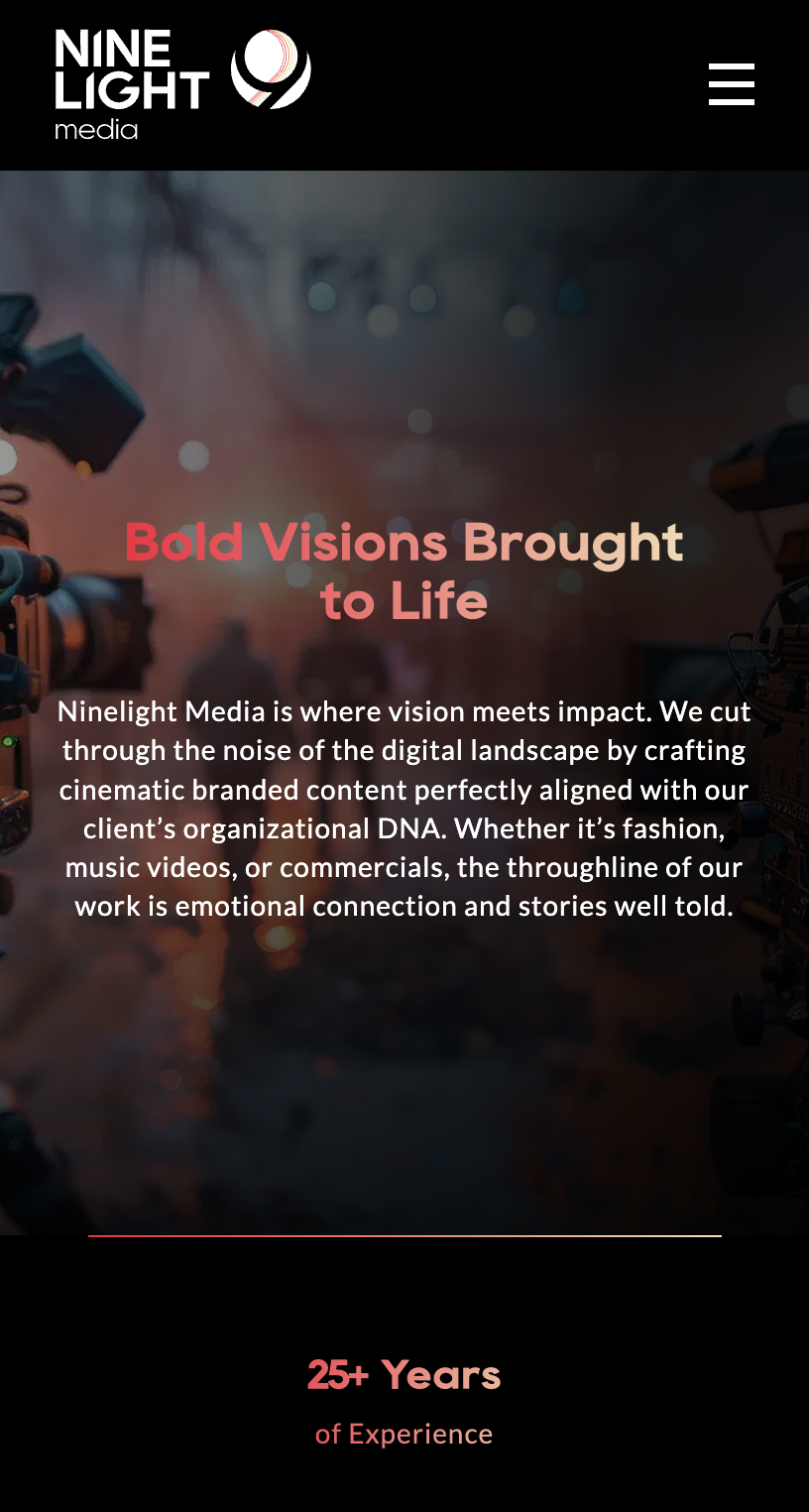 Screenshot of Ninelight Media’s website homepage featuring the tagline "Bold Visions Brought to Life" and a brief description of their creative media services, with "25+ Years of Experience" highlighted below.