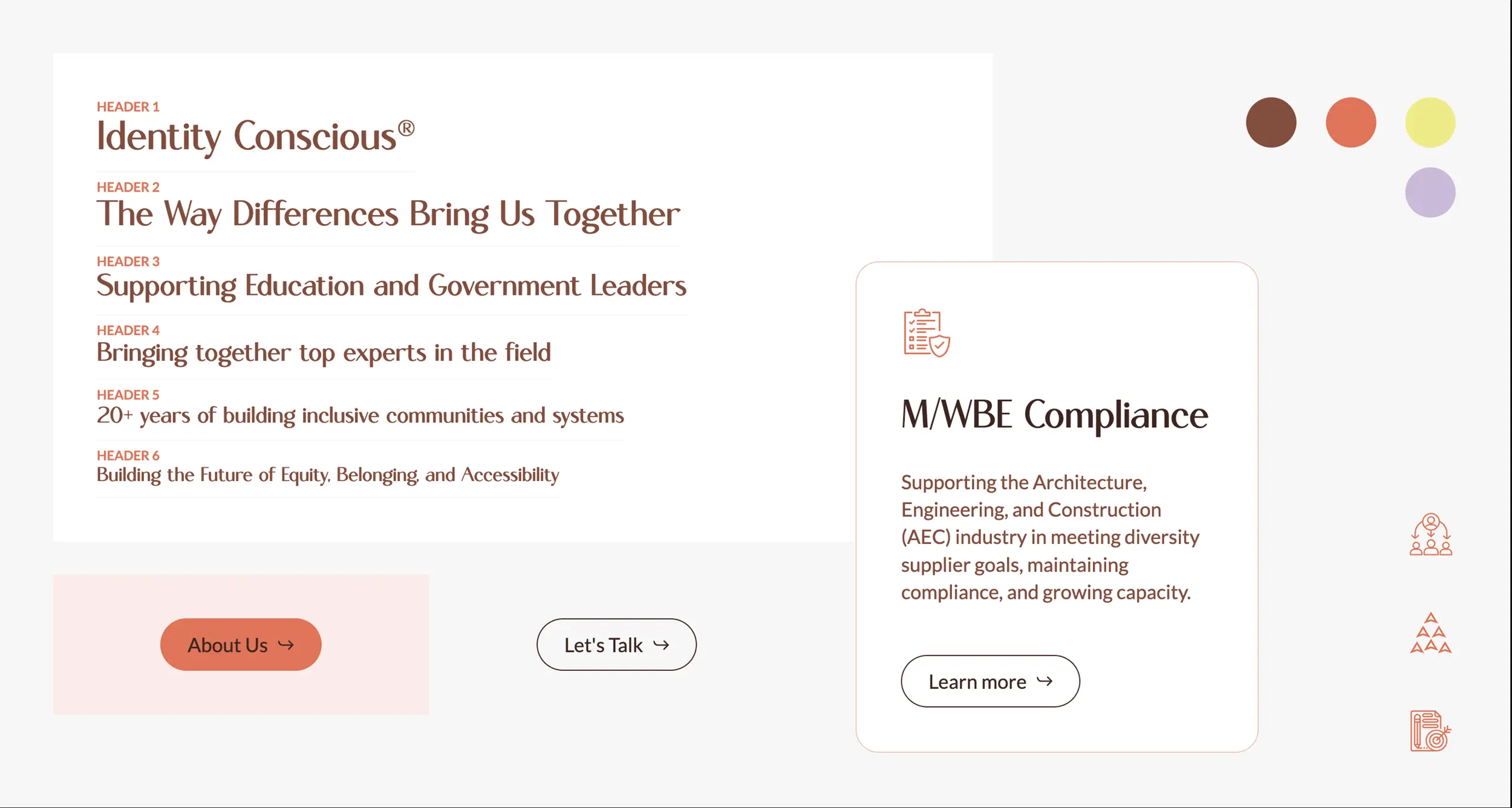 A webpage for Identity Conscious® features headers about fostering diversity, leadership, and expert guidance, alongside a section on M/WBE compliance and buttons for contact and learning more.