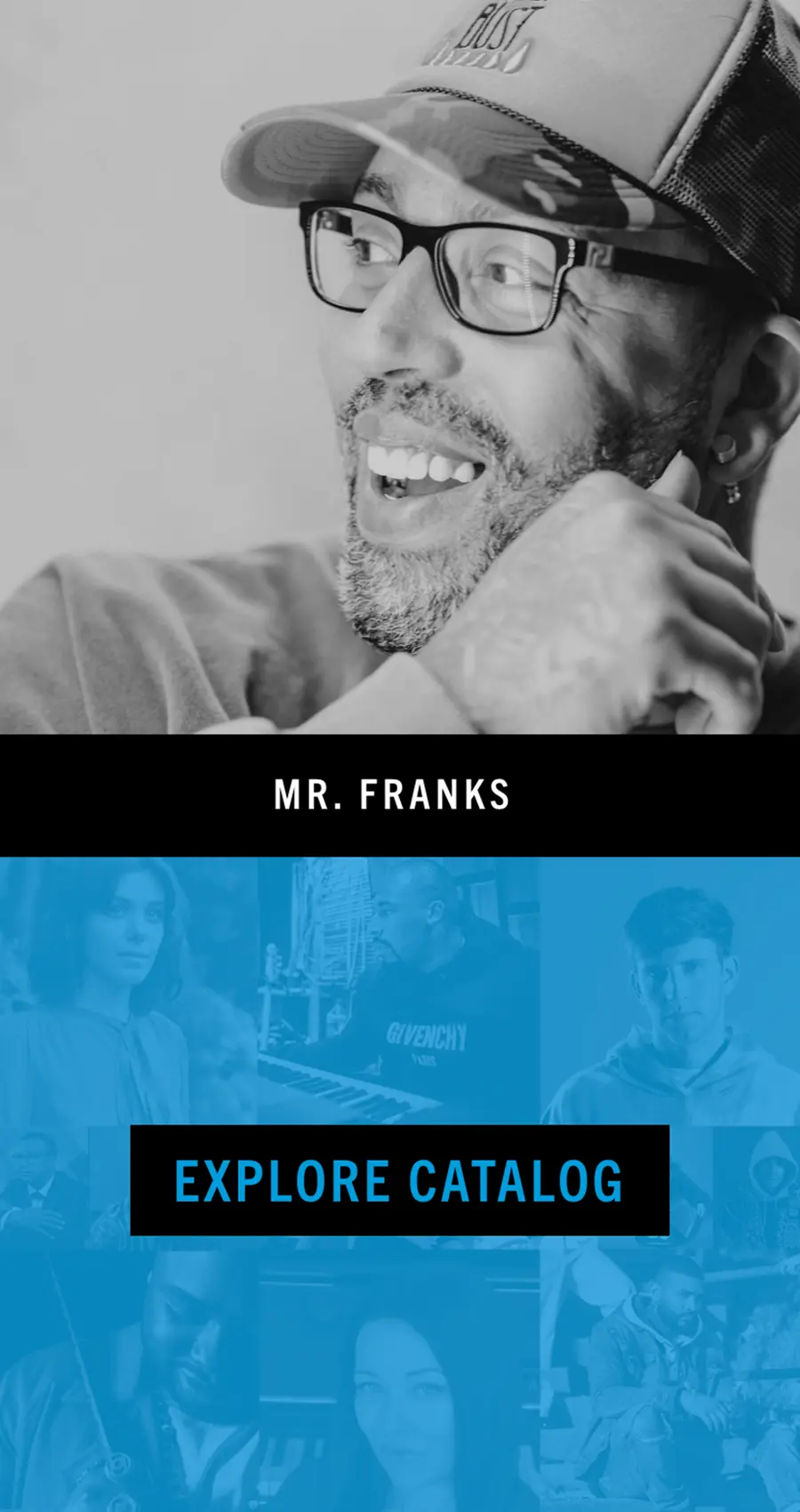 Reservoir Media artist profile section featuring Mr. Franks with explore catalog call-to-action.