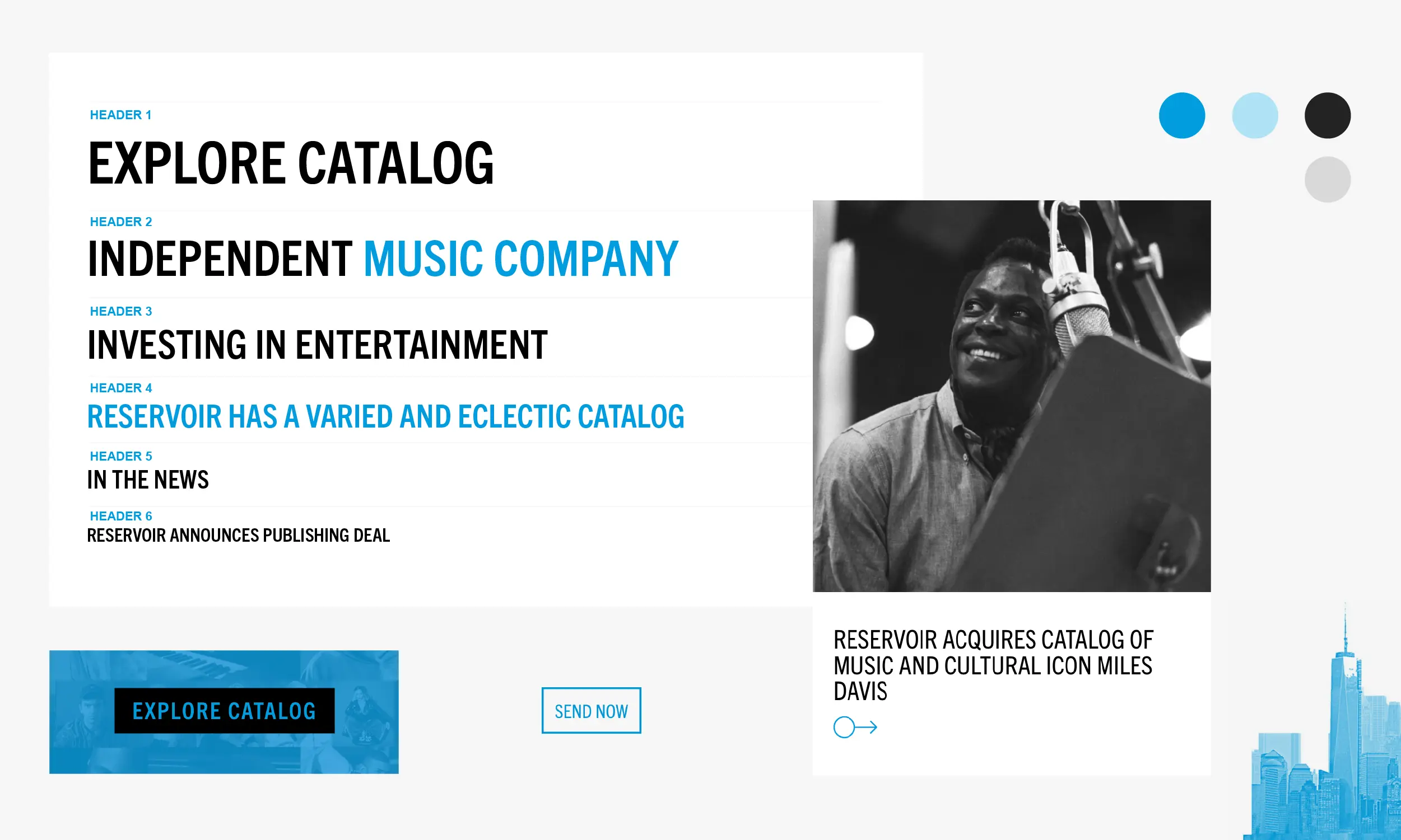A website section titled "Explore Catalog" features headlines about Reservoir, an independent music company, and includes a black-and-white photo of a smiling man in a recording studio.
