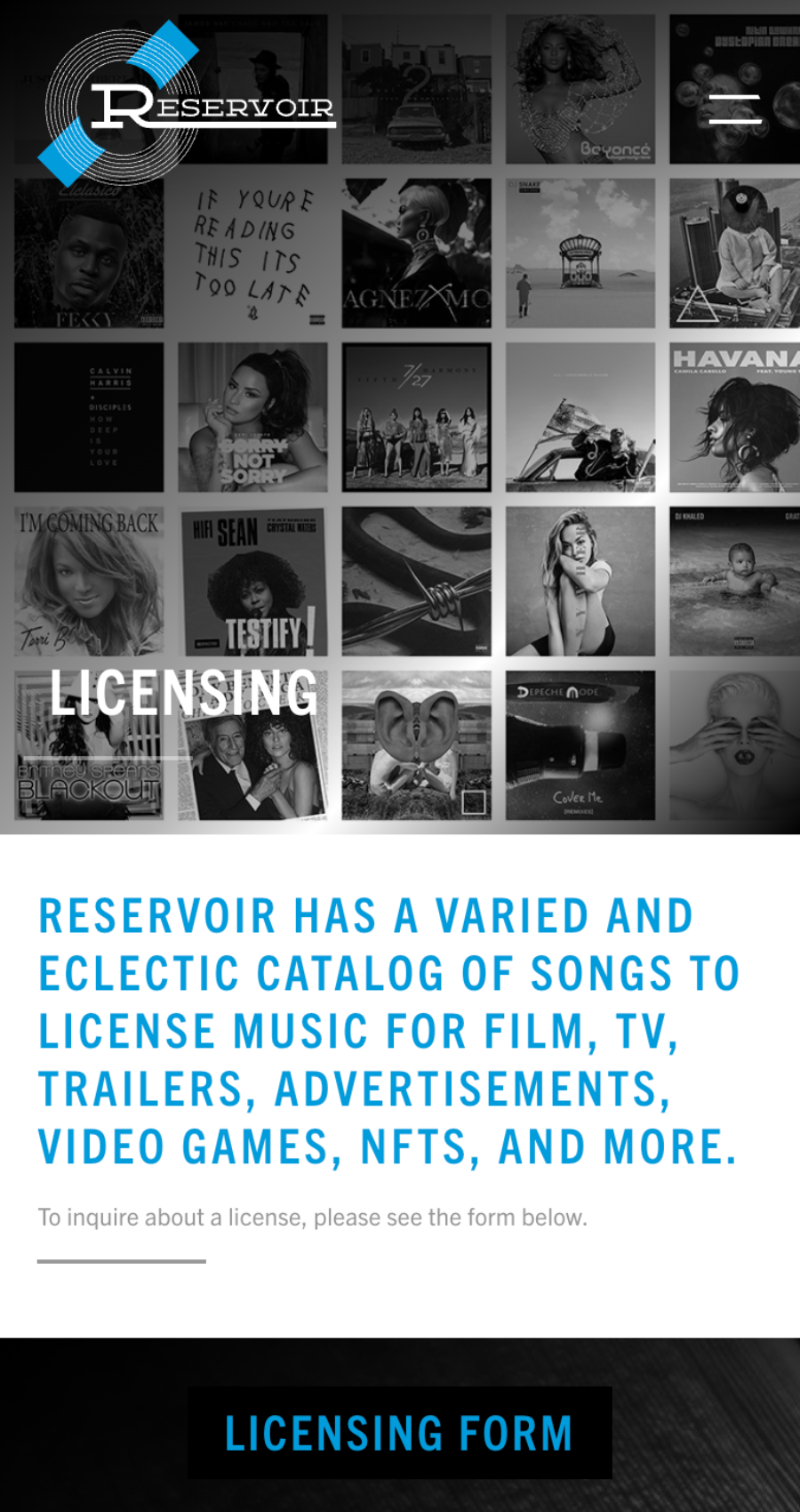 A collage of music album covers above text promoting Reservoir's music licensing services for media, with a button labeled "Licensing Form" at the bottom.