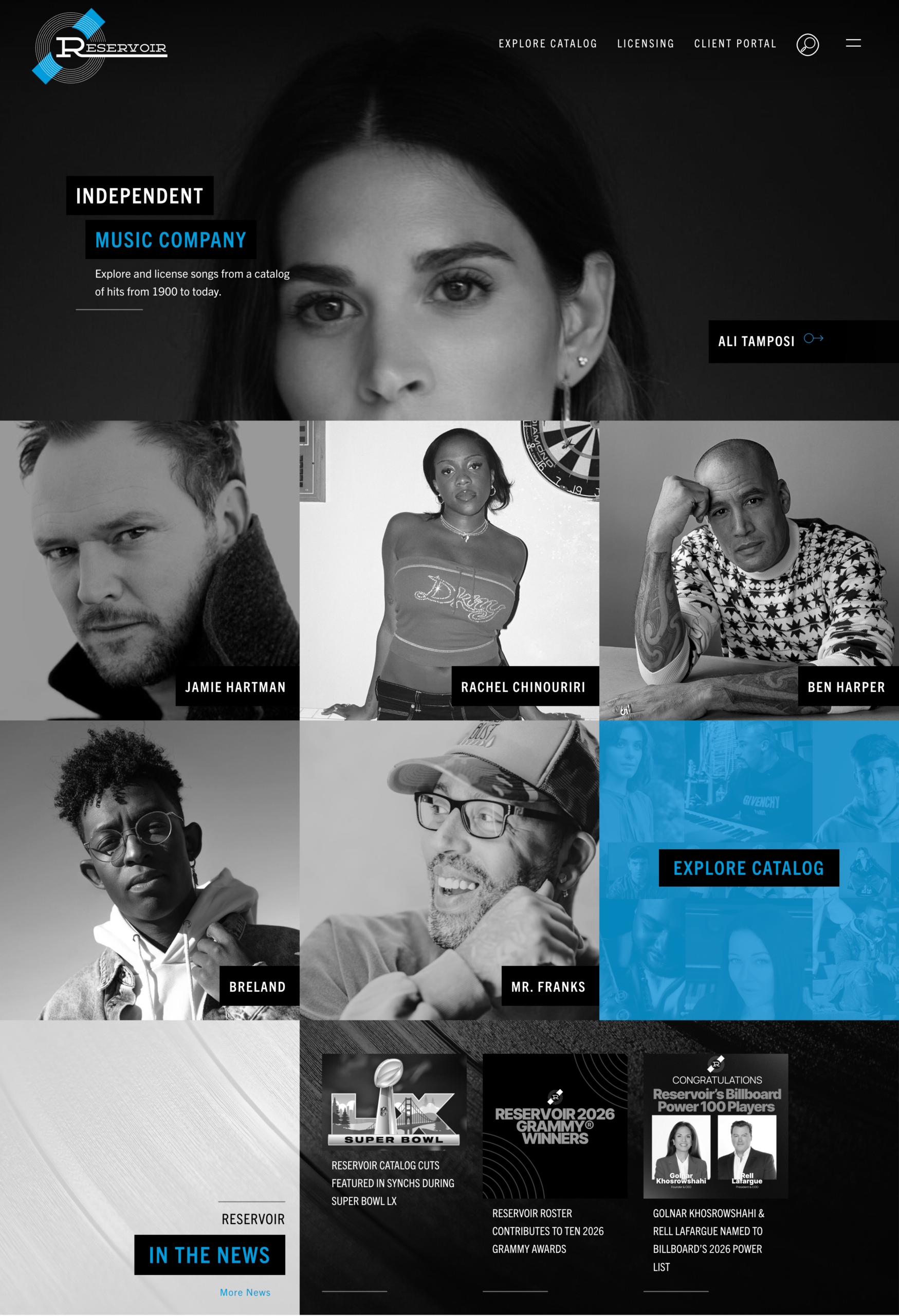 A collage of six black-and-white portraits of musicians with their names, a navigation menu, Reservoir logo, and news highlights shown at the bottom of the page.