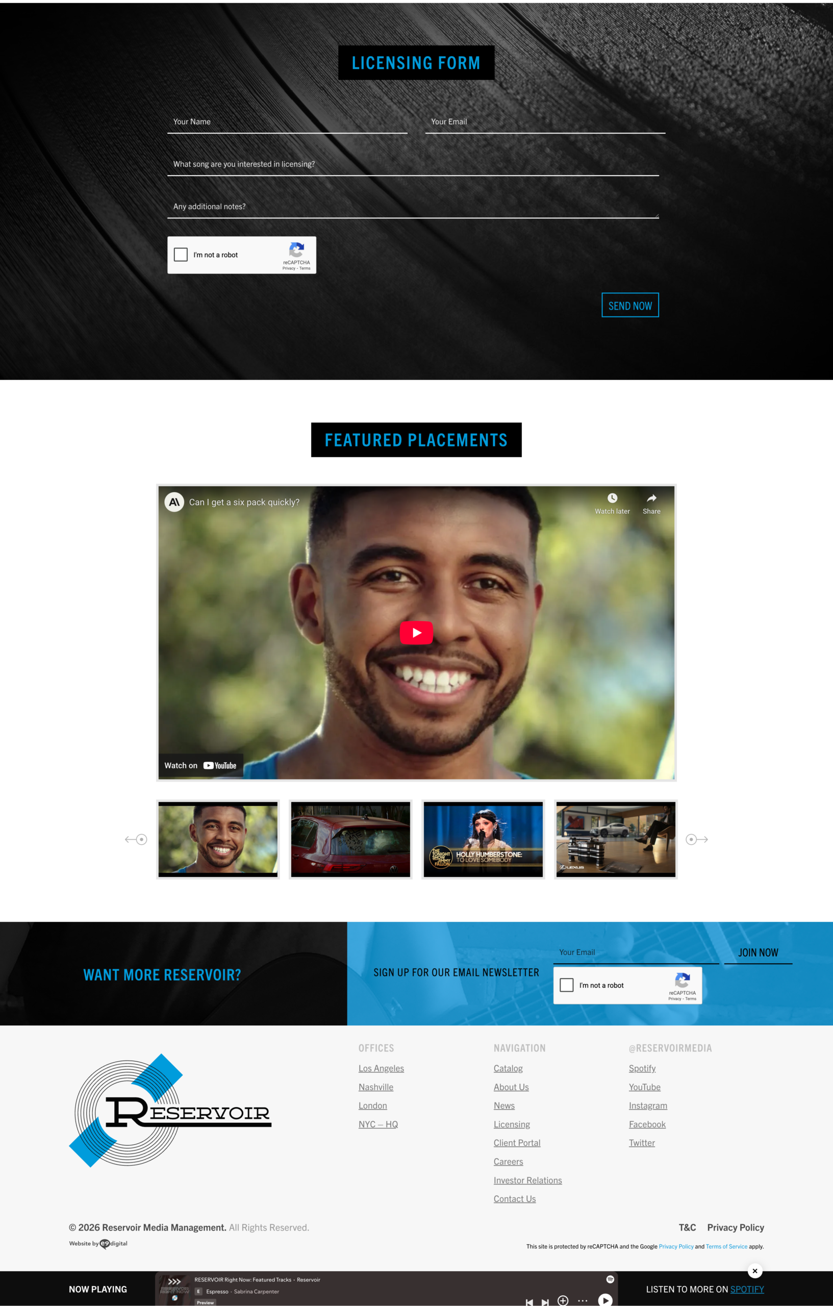 Screenshot of a website page with a licensing form at the top, a featured video in the center, and contact plus newsletter signup options at the bottom.