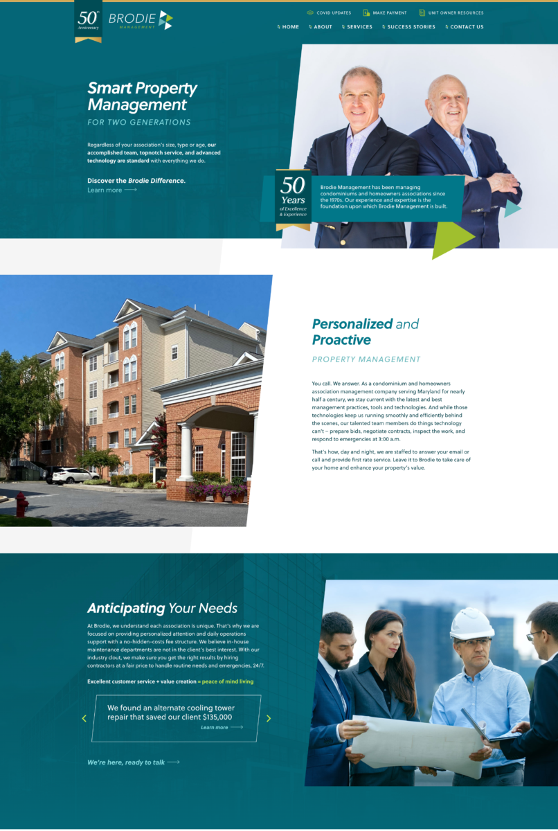 A business website showcases two men in suits, a residential building, and a group of professionals in hard hats reviewing documents, highlighting property management services.